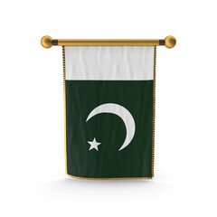 Pakistan's country flag hanging on a gold pole with a fringe