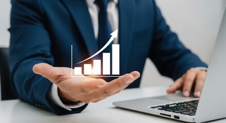 Business professional presenting bar chart with upward growth arrow. Executive showcasing financial success with digital graph. Corporate leader highlighting business growth metrics.
