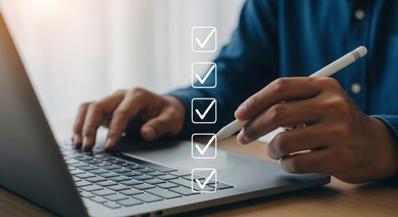 Person using stylus on laptop with digital checkboxes overlay. Professional completing tasks with interactive checkmarks. Modern workspace with digital organization tools.