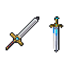 Pixel Art Sword Sprite Set. A set of two distinct pixel art sword sprites, each with unique hilt designs and blade details.