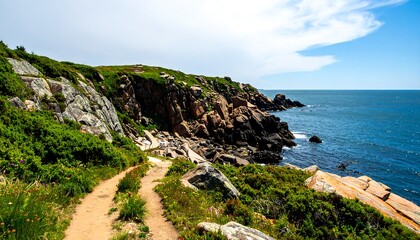 Coastal path winds through rocky terrain