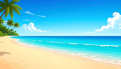 Fototapeta premium Tropical beach scene under a vibrant blue sky.