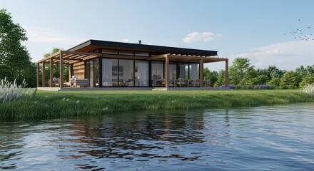 Obraz premium Modern Waterfront Home with Tranquil Lake Views and Lush Green Surroundings