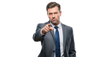 Stern businessman pointing directly at the viewer with an intense gaze on white background