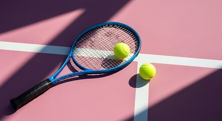 Vibrant tennis still life with racket and balls on a pink court casting shadows