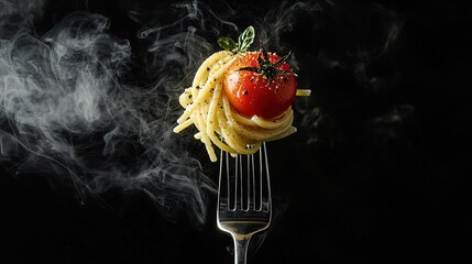 A forkful of spaghetti with a cherry tomato nestled amidst the strands.