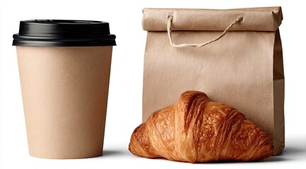 Brown paper coffee cup and bag with croissant
