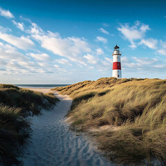 Red and white striped lighthouse on sand dunes of island Sylt in winter
