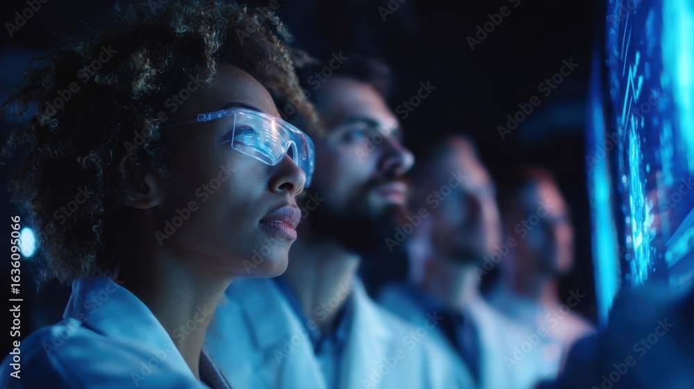 Poster a group of scientists collaborating around a digital interface their focused expressions illuminated