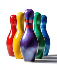 Colorful bowling pins in a row against white