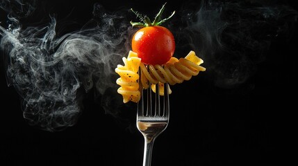 A forkful of pasta and a cherry tomato, steaming.