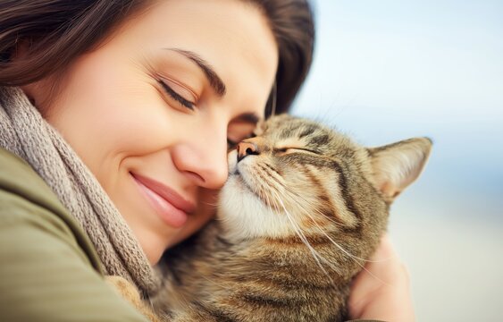 Happiness blooms in a warm embrace between an anonymous person and a content cat under the natural light
