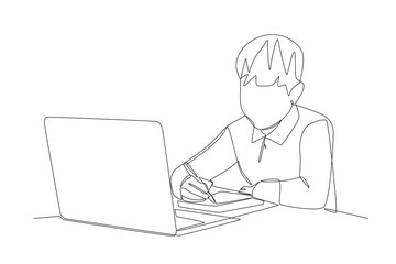 Male students doing homework. Student homework concept one-line drawing