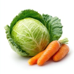 Fresh cabbage and carrots on white background
