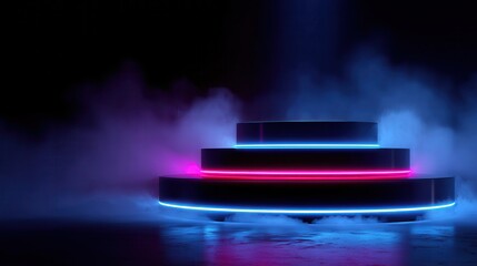 Layered step podium illuminated by blue and pink neon arcs, fog creeping at the base, dark background with faint neon streaks.