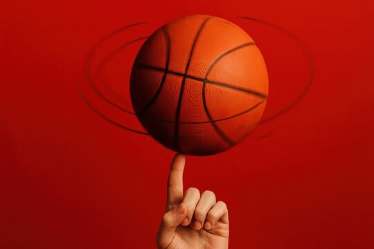 Basketball spinning on finger against red background
 - Powered by Adobe