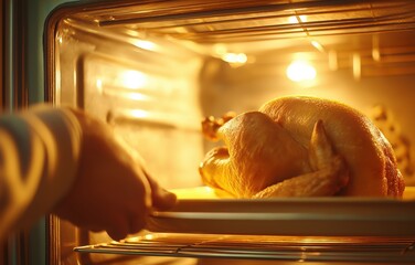 Golden-brown chicken being removed from the oven, surrounded by warmth and anticipation of a delicious meal