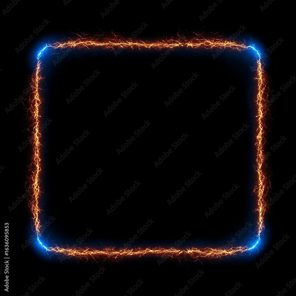 Poster vibrant electric square border with glowing rectangular frame and flaming sign on dark background