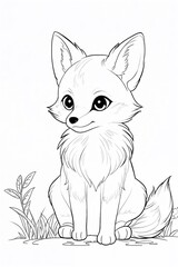 Obraz premium Easy and bold coloring page, cute fox sitting on grass with large expressive eyes 