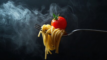 A forkful of steaming spaghetti with a cherry tomato.
