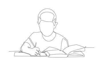 Male students doing homework. Student homework concept one-line drawing