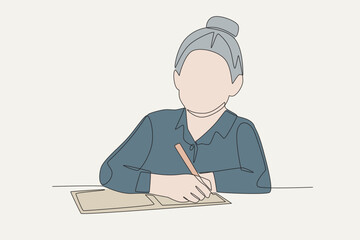Colored female students doing homework. Student homework concept one-line drawing