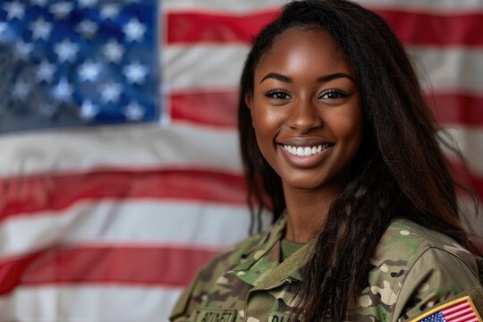 A beautiful smiling black woman with long curly hair standing in front of an American flag,