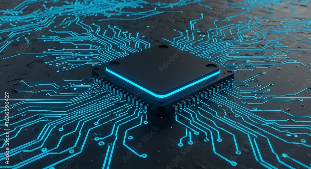 Poster a central processor unit glows brightly, nestled within a complex network of intricate circuit board