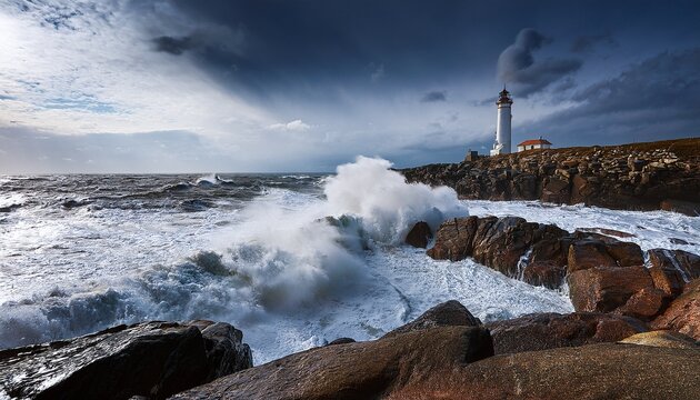waves crashing against rocky shore with lighthouse in the background dramatic seascape stormy ocean coastal landscape