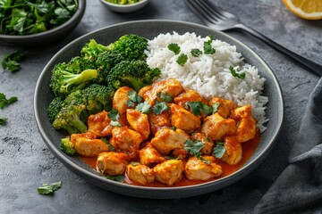 Fototapeta premium Savory Orange Color Glazed Chicken Pieces on a Plate with Steamed Rice and Fresh Broccoli Florets