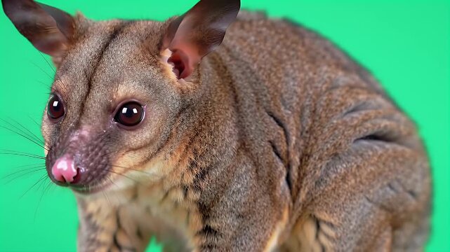 Close-up Portrait of a Curious Australian Brushtail Possum Against a Vivid Green Screen Background, Capturing its Furry Texture and Alert Expression