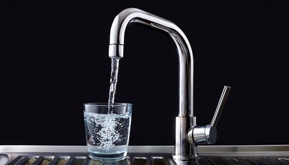 a stainless steel kitchen faucet with a chrome finish spout pointing downward and water flowing into a clear glass cup against a black background