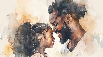 A heartwarming watercolor illation of an African American father and daughter, their faces filled with love as they gaze into each other's eyes.