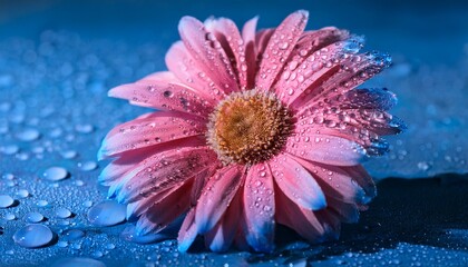 a vivid pink and blue flower basks in droplets of water capturing the essence of beauty and freshness in nature making it a stunning piece of art photography