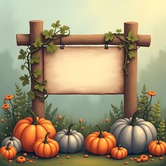 Autumnal Wooden Sign with Pumpkins and Ivy for Fall Decor
