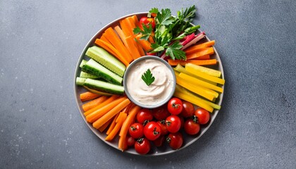 colorful fresh vegetable platter with creamy dip cherry tomatoes carrots cucumbers bell peppers and parsley on gray background n healthy vegan snack flat lay
