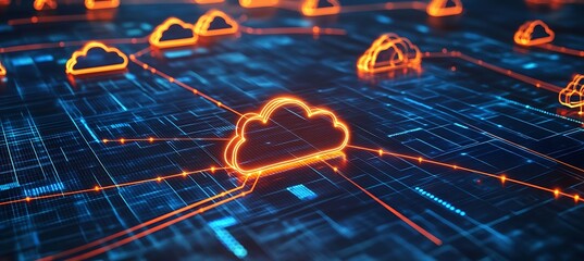 A cloud computing network connecting multiple data centers through glowing circuits 