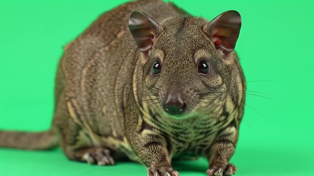 Small Brown Striped Mammal with Large Ears and Pointed Snout, Isolated on a Bright Green Background in a Studio Setting