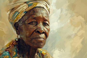 Naklejka premium A portrait of an African old woman wearing a dark grey headscarf, in the style of concept art