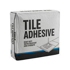 A package of tile adhesive with a white background. The packaging features bold black text stating 'TILE ADHESIVE' and additional details about its properties.