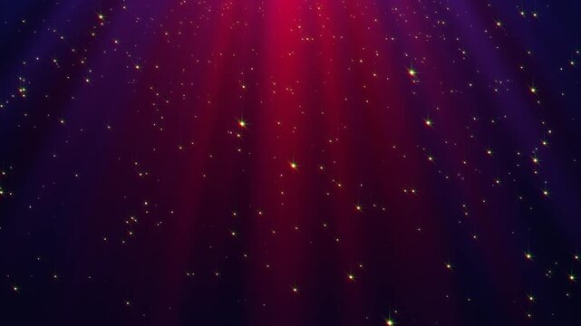 christmas and new year glitter particles and shining stars falling and light rays animation, blue and red holiday motion background