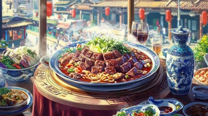 Fototapeta premium A richly prepared dish of seasoned beef with noodles and vegetables.