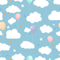 Seamless pattern with white clouds, colorful balloons and stars on a blue sky background