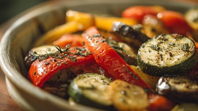Close-up of roasted vegetables including zucchini, red bell peppers, and eggplant seasoned with herbs
