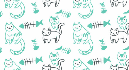 Seamless cat and fishbone pattern, minimal style with thick outlines black and one other solid color