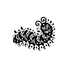 Ornate black silhouette of a stylized caterpillar with swirls and leaves
