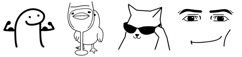 Set of popular internet meme characters — doodle man flexing muscles, bird with drink, wine, cool cat in sunglasses, and smug eyes with smile, humorous reaction for online communication