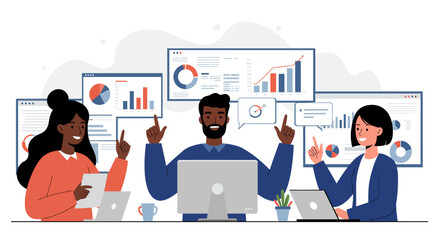 Three diverse professionals collaborate, pointing at data charts and graphs displayed on screens, using laptops in a modern office setting.