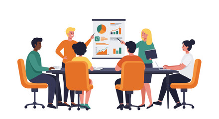 Illustration of a diverse business team presenting and discussing charts and graphs in a meeting room.