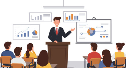 A man in a suit presents business data charts to an audience in a meeting room, using a podium and whiteboard.